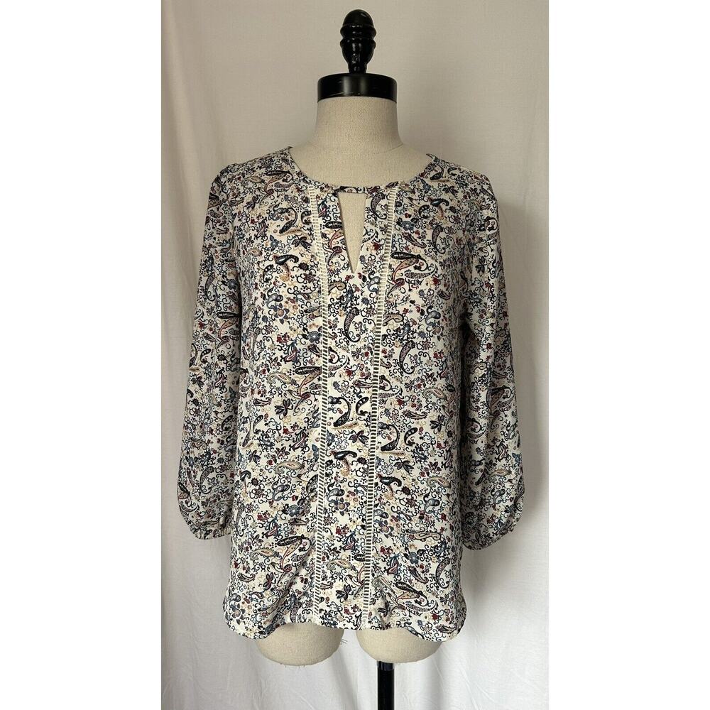 COLLECTIVE CONCEPTS Ivory Blue Floral Paisley Blouse Top Tee 3/4 Sleeve Womens S